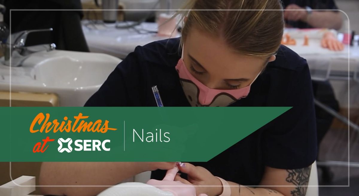 A student painting nails with text reading Christmas at SERC Nails